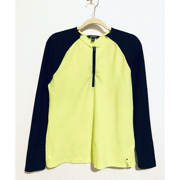 Ralph Lauren Top Womens Large Fluorescent Yellow Black Quarter Zip Waffle Lounge - Picture 1 of 7